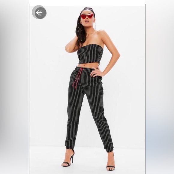 Missguided Madison beer 2 piece matching crop top lace up set joggers pinstripe - Picture 3 of 14